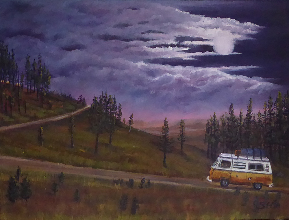 oil painting of VW van driving up a forest road in the moonlight with  glowing sky