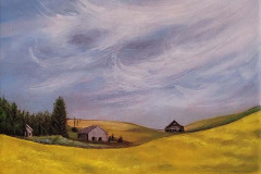 oil painting of canola field and sky with wispy clouds
