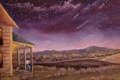 oil painting of person on porch looking out over fields, mountains and starry sky